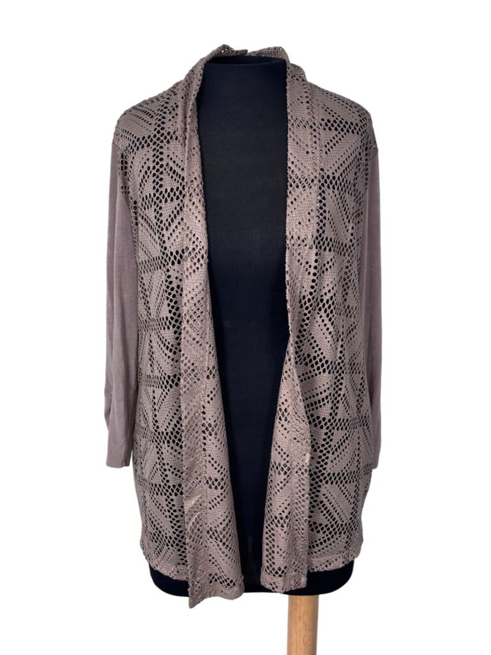 Travelers By Chicos Open Front Perforated Cardigan Size 2 Taupe Lightweight Topp